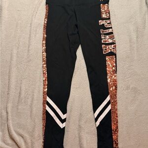 PINK Victoria's Secret Black Leggings with Rose Gold Sequin Stripe